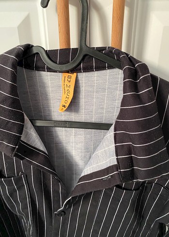 Çizgili Siyah Kadın Keten Gömlek - Görsel 3