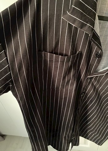 Çizgili Siyah Kadın Keten Gömlek - Görsel 5