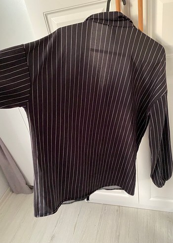 Çizgili Siyah Kadın Keten Gömlek - Görsel 9