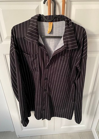 Çizgili Siyah Kadın Keten Gömlek - Görsel 2