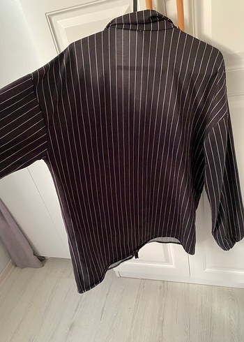 Çizgili Siyah Kadın Keten Gömlek - Görsel 6