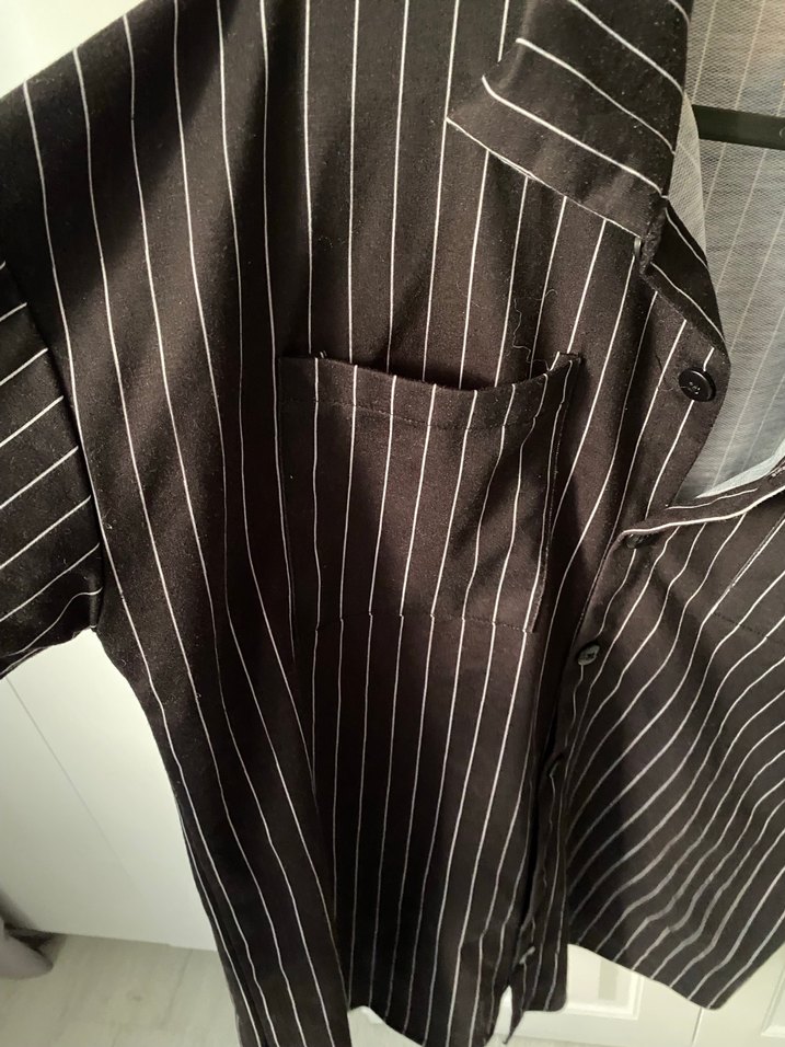 Çizgili Siyah Kadın Keten Gömlek - Görsel 5