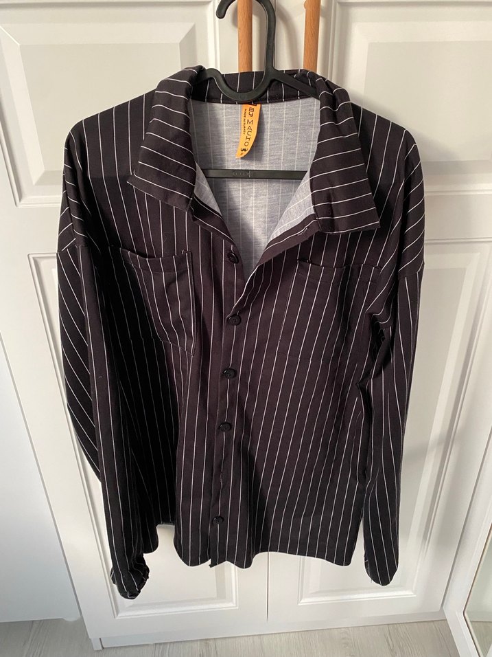 Çizgili Siyah Kadın Keten Gömlek - Görsel 2