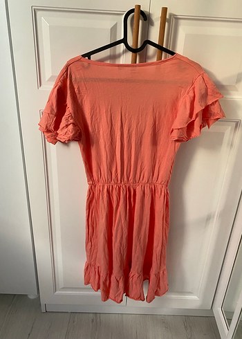 Pembe V Yaka Midi Keten Elbise - Görsel 8