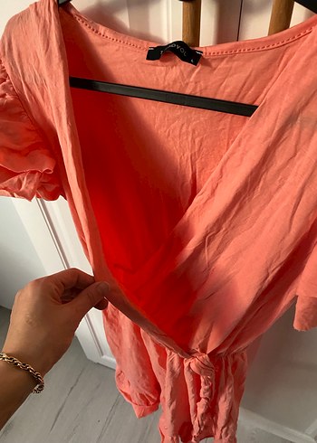 Pembe V Yaka Midi Keten Elbise - Görsel 5