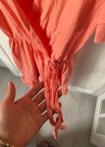 Pembe V Yaka Midi Keten Elbise - Görsel 4