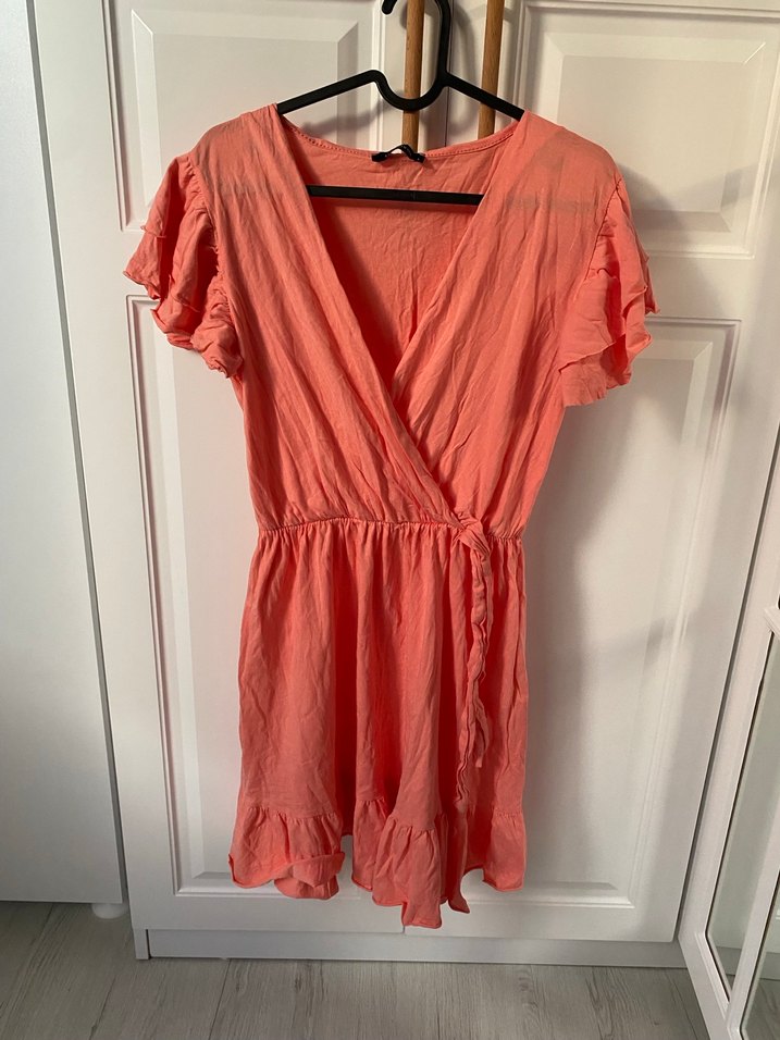 Pembe V Yaka Midi Keten Elbise - Görsel 2