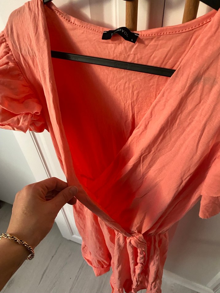 Pembe V Yaka Midi Keten Elbise - Görsel 5