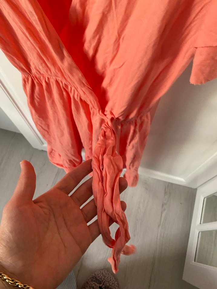 Pembe V Yaka Midi Keten Elbise - Görsel 4