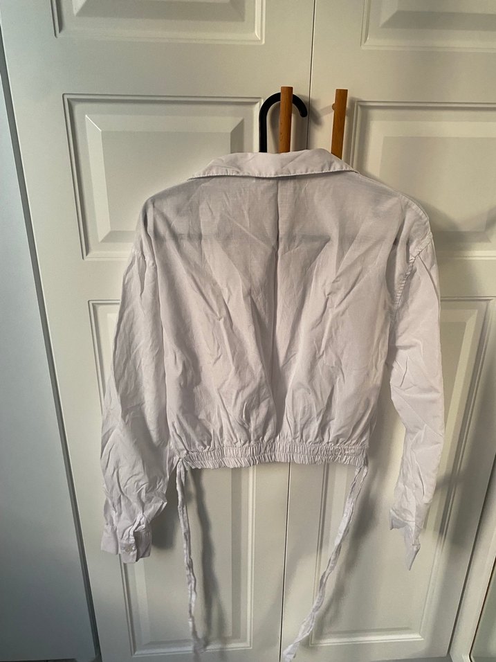 Düğmeli Beyaz Keten Kadın Gömlek - Görsel 5