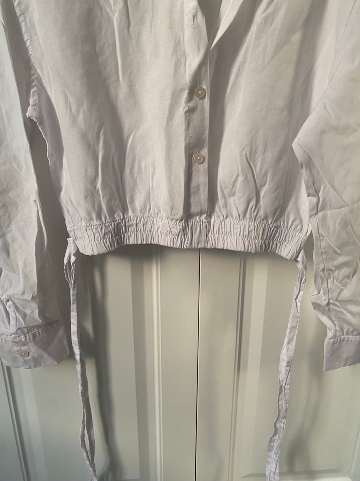 Düğmeli Beyaz Keten Kadın Gömlek - Görsel 3