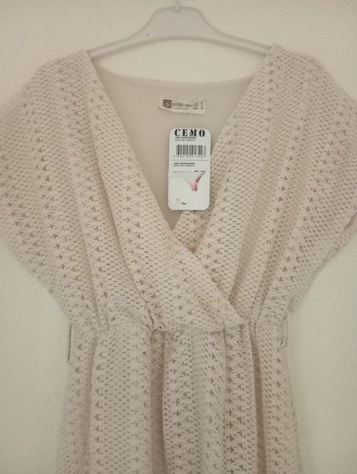 krem Nakışlı Triko Bohem Elbise - Görsel 2