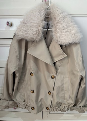 l Beden gri Renk Zara Model Kürk Detaylı Midi Trençkot