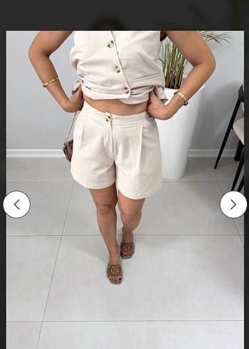 Bej Keten Dokulu Yelek Şort Takım - Görsel 3