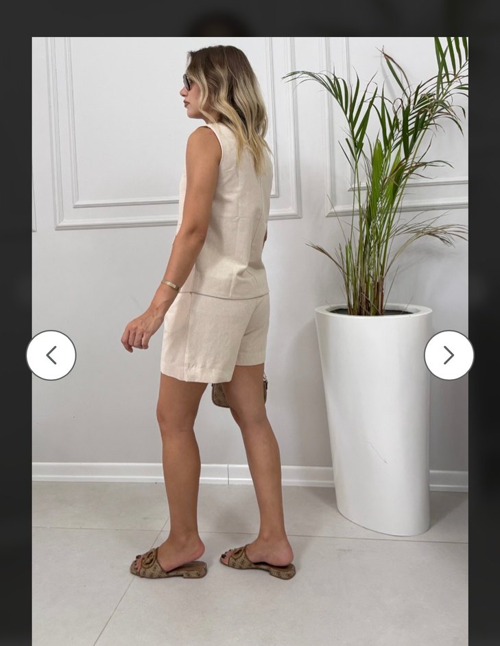 Bej Keten Dokulu Yelek Şort Takım - Görsel 2