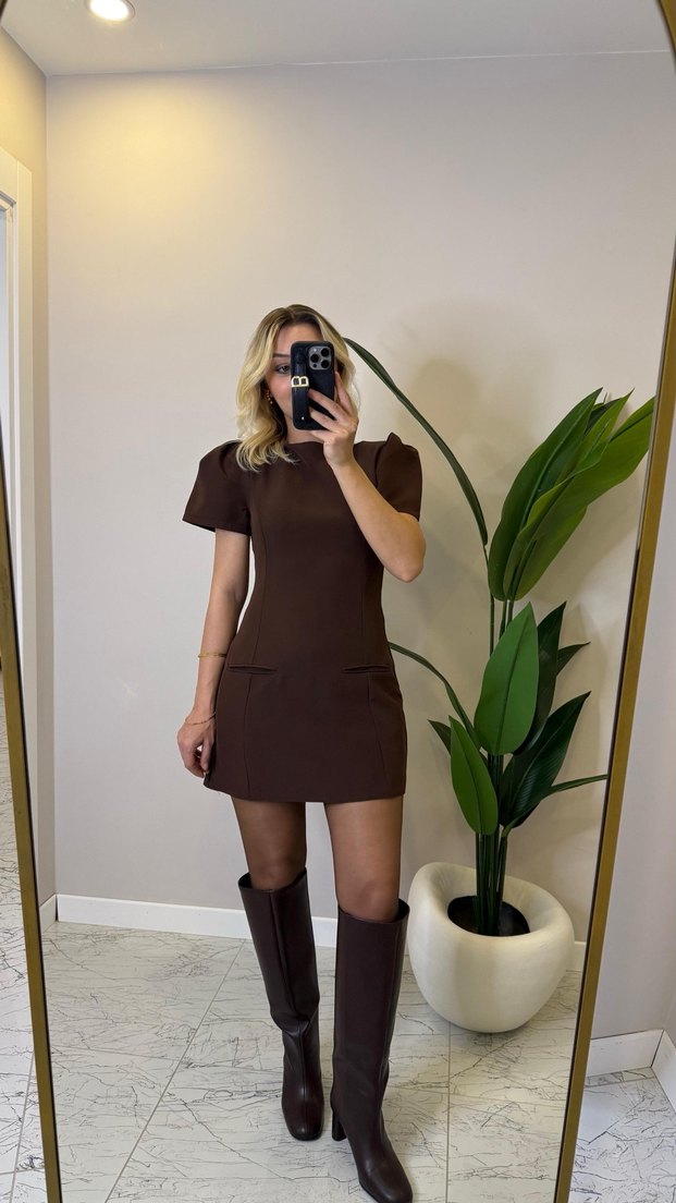Kahverengi Kısa Elbise - Görsel 4