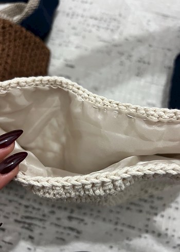 Örgü Bohem Kadın Çanta Beyaz Gri - Görsel 3