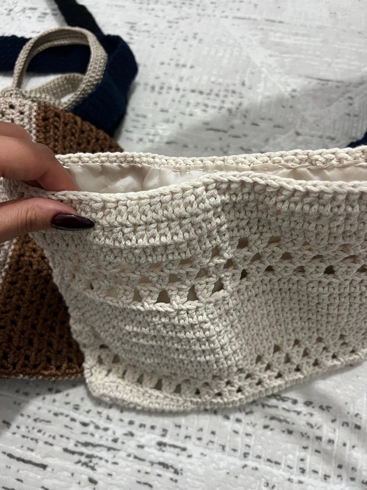 Örgü Bohem Kadın Çanta Beyaz Gri - Görsel 2