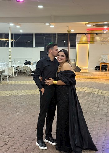 Boncuk İşlemeli Siyah Uzun Abiye Elbise - Görsel 2