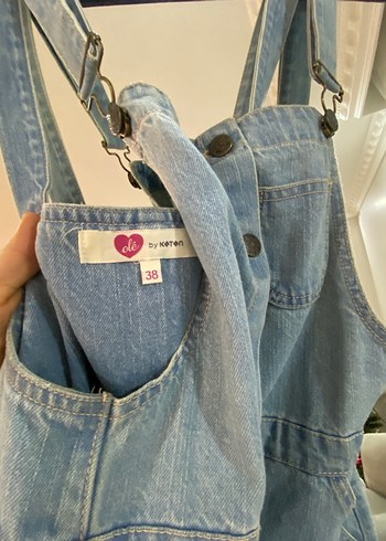 Mavi Bağlama Desenli Düğmeli Denim Tulum - Görsel 5