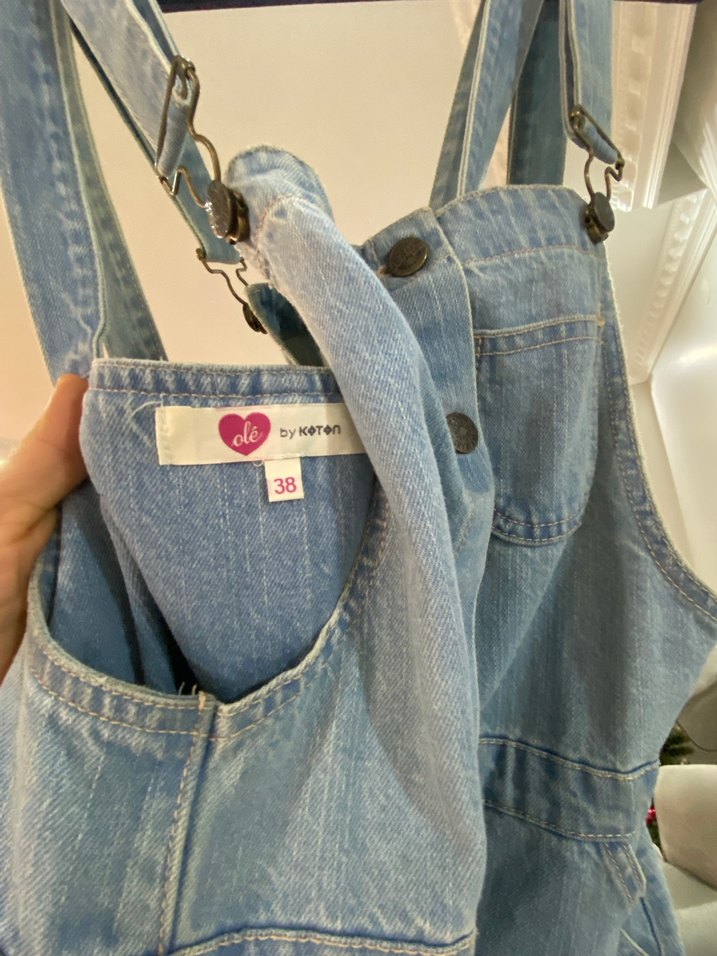Mavi Bağlama Desenli Düğmeli Denim Tulum - Görsel 5