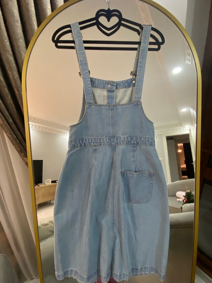 Mavi Bağlama Desenli Düğmeli Denim Tulum - Görsel 4