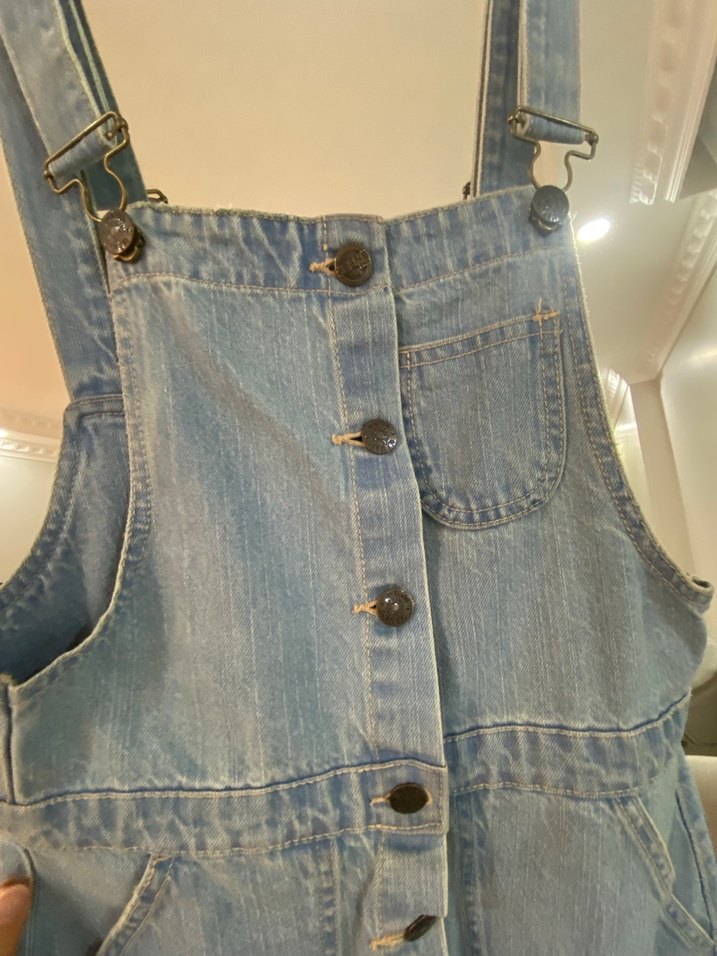 Mavi Bağlama Desenli Düğmeli Denim Tulum - Görsel 3