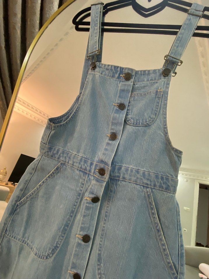 Mavi Bağlama Desenli Düğmeli Denim Tulum - Görsel 2