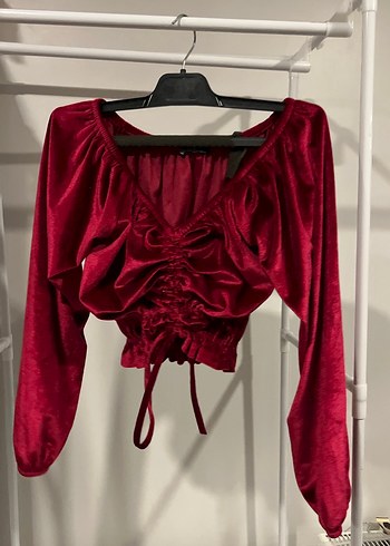 Bordo V Yaka Drapeli Mini Bluz