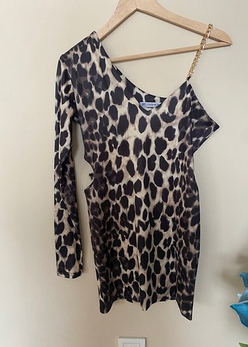 Leopar Desenli Zincir Detaylı Uzun Kollu Mini Elbise