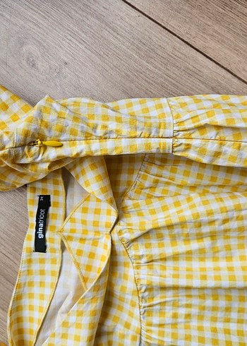 Sarı Pötikare V Yaka Balon Kol Bluz - Görsel 5