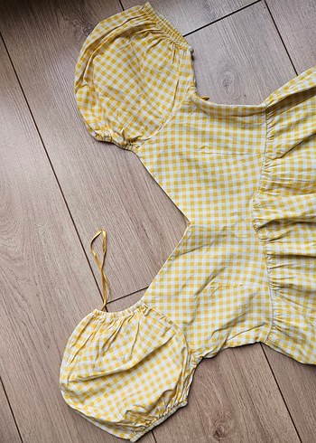 Sarı Pötikare V Yaka Balon Kol Bluz - Görsel 2