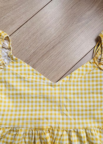 Sarı Pötikare V Yaka Balon Kol Bluz - Görsel 3