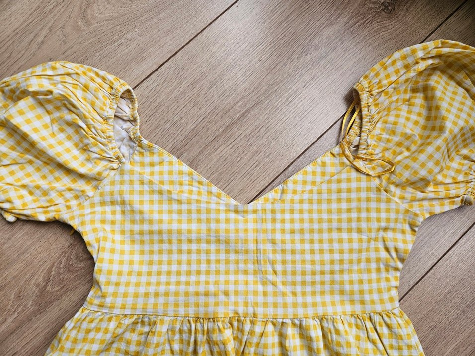 Sarı Pötikare V Yaka Balon Kol Bluz - Görsel 3