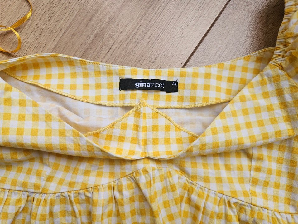 Sarı Pötikare V Yaka Balon Kol Bluz - Görsel 4