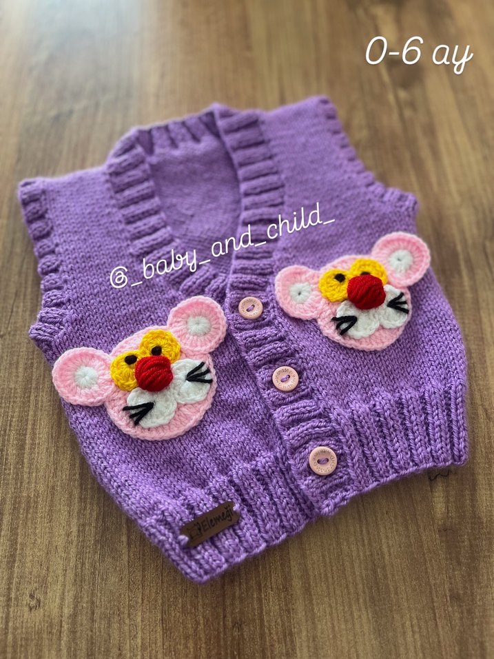 Mor Nakışlı Örgü Kız Yelek 0-6 Ay - Görsel 2