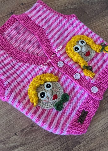 Pembe Nakışlı Kız Çocuk Örgü Yelek 9-12 Ay - Görsel 3