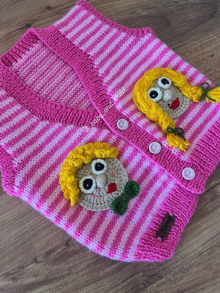 Pembe Nakışlı Kız Çocuk Örgü Yelek 9-12 Ay - Görsel 3