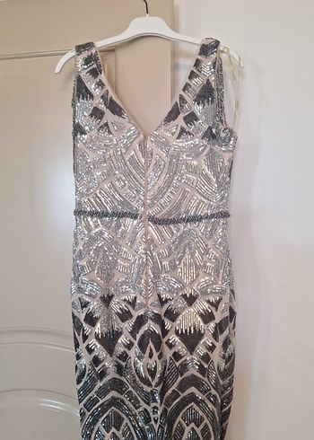 Dantel Detaylı V Yakalı Uzun Gri Abiye - Görsel 8