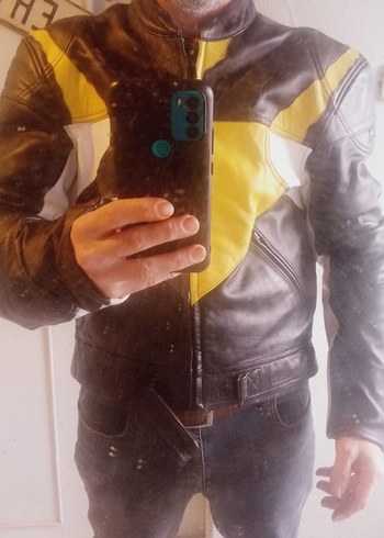 Sarı Detaylı Siyah Deri Biker Ceket - Görsel 2