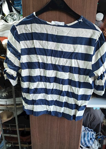 i Mavi Beyaz Çizgili Kadın Gömlek az giyilmis - Görsel 2