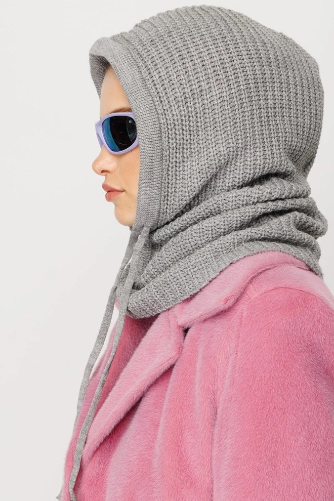 Gri Örgü Kadın Bere Şapka balaclava - Görsel 2