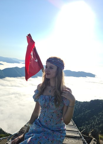 Mavi Çiçek Desenli Uzun Bohem Elbise - Görsel 3