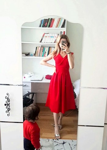 kırmızı midi elbise - Görsel 5