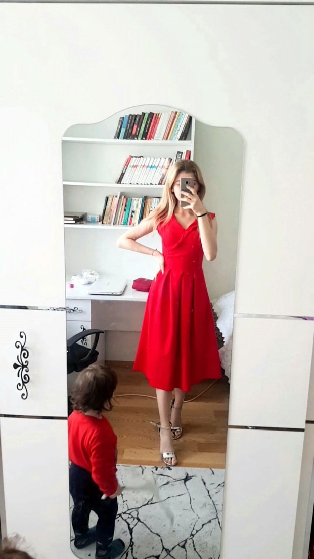 kırmızı midi elbise - Görsel 5