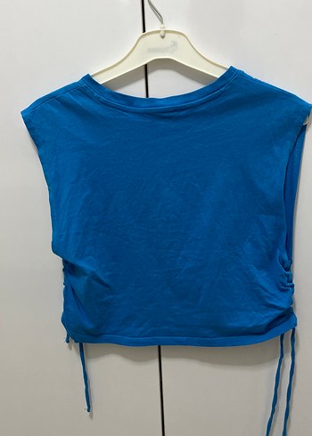 s Beden mavi Renk Mavi Kolsuz Bağcıklı Crop Top