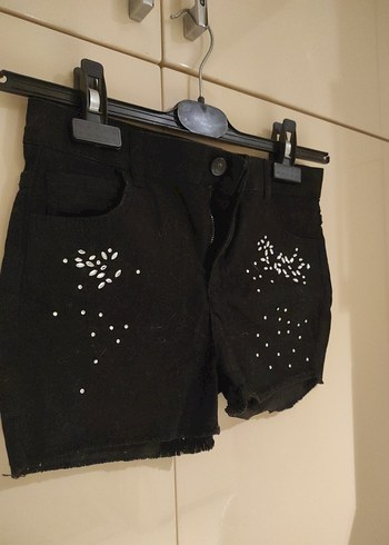 11-12 Yaş Beden siyah Renk Siyah Payet İşlemeli Mini Denim Kız Çocuk Şort