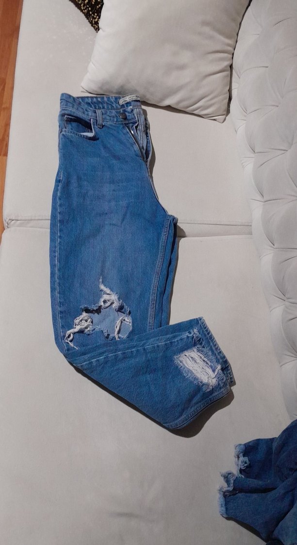 Yırtık Detaylı Mavi Midi Boy Kadın Kot Pantolon - Görsel 2