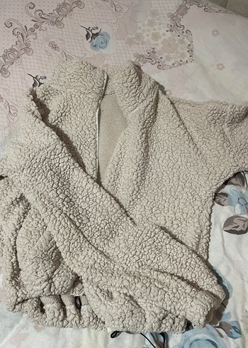 Gri Peluş Kadın Mont, Uzun Kollu, Boğazlı - Görsel 2