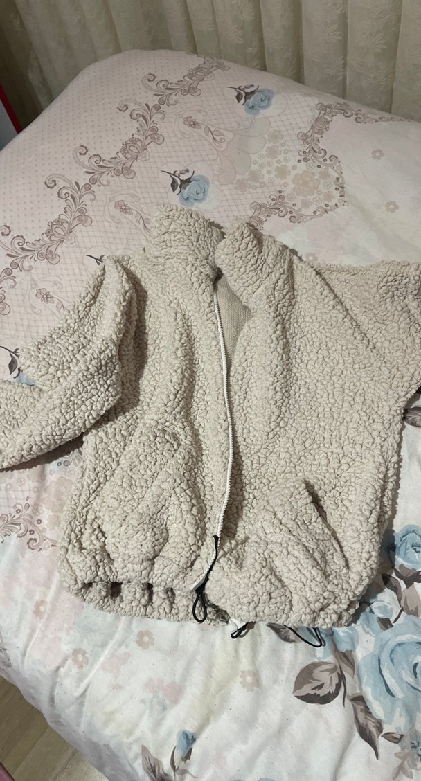 Gri Peluş Kadın Mont, Uzun Kollu, Boğazlı - Görsel 3